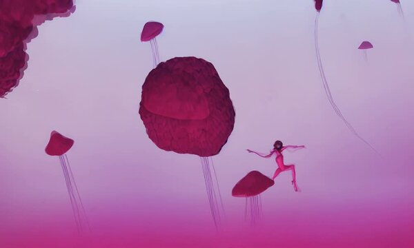 Animation Generative AI of dancing girls in space suits surounded by flowers, female robot retro sci fi drawing with woman face and bionic body. Digital image pink cyborgs