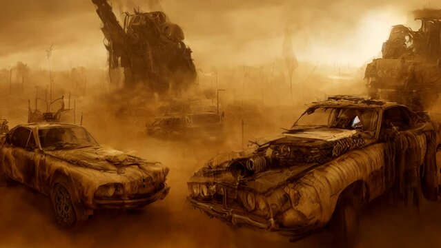 Animation slow motion of an oil painting of apocalyptic futuristic desert landscape with cars in retro sci fi drawings. Digital image matte paint style