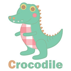 Crocodile applique. Patchwork vector drawing with a crocodile. Cute vector cartoon crocodile.  Children's, greeting, holiday and invitation card. Vector children's patchwork illustration. For print.