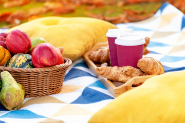 picnic with apples, pears, pumpkins, cruft  cups of coffee, and croissants  on a blanket  in an autumn park 