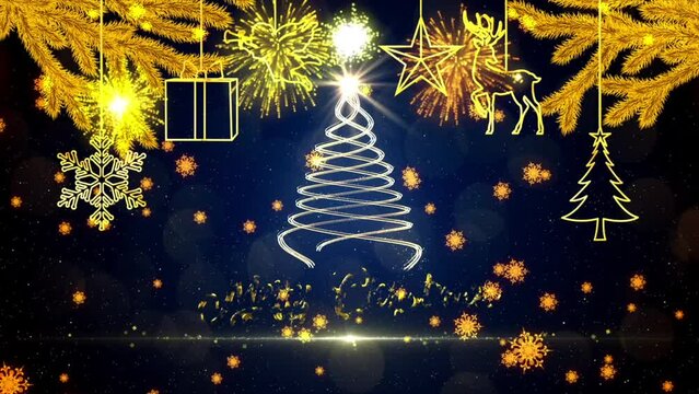 Merry Christmas 2022 opening animation with stars, snowing particles, pine tree, reindeer. Winter holiday 4k video background.