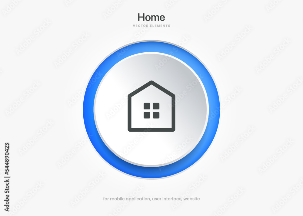 Poster minimal modern home, homepage, base, main page, house push button icon emblem symbol, sign. 3d blue 