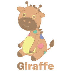 Patchwork vector drawing with a giraffe. Cute vector cartoon giraffe.  Children's, greeting, holiday and invitation card. Applique with giraffe. Vector children's patchwork illustration. For print.