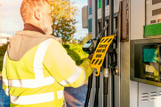 Fuel shortage at petrol station,  fuel pump with out of order sign on