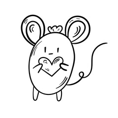 Cute doodle mouse with heart. Animal black line art vector icon on white background.
