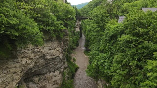 Aerial view of the mountain river Argun in the Chechen Republic