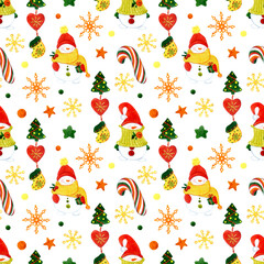 Watercolor Christmas seamless pattern. Snowmen, snowflakes, candy on a white background. For holiday packaging, fabric and other design.