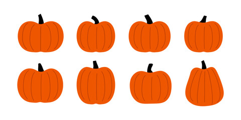 Halloween pumpkin set. Funny faces. Autumn holidays. Pumpkin collection on white background. Symbol of the Halloween holiday. Orange pumpkins with smile for your design for the Halloween.