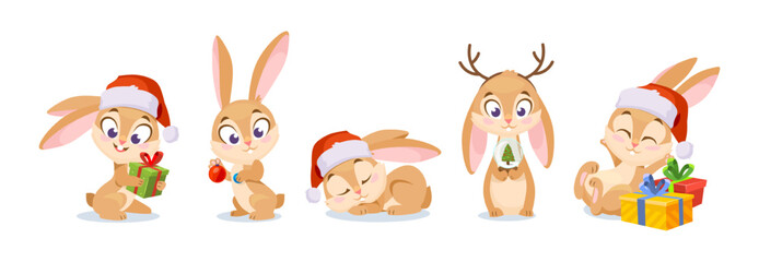 Christmas set of cute cartoon-style holiday rabbits. Fun animal character vector illustration for a poster, card, or flyer design. A rabbit with gifts and in a Santa hat. Chinese New Year symbol.