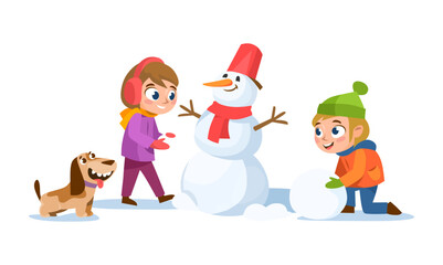 A boy and a girl with a dog making a snowman. Happy, smiling kids have fun and play outdoors with snow in winter. Cartoon-style vector illustration isolated on white background.