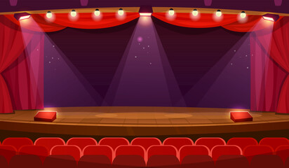 A theater stage with a spotlight, red curtains and seats. An empty concert hall ready for performance. Vintage theatre with wooden floor wide view background. Cartoon-style vector illustration.