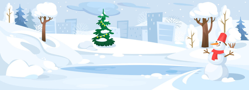 Landscape view of an empty ice rink in a city park under snow. Winter background with decorated Christmas tree and a snowman. Holidays season outside of a town. Cartoon style vector illustration.