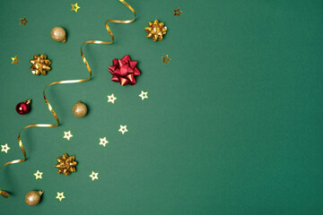 New Year Green Background. Golden Decoration. Christmas Greeting Card Mockup. Sparkle Baubles. Top...