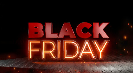 Black Friday - Friday with a big sale. Sales, joy, success Neon red banner, discounts, 3D illustration