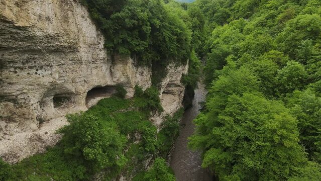 Aerial view of the mountain river Argun in the Chechen Republic