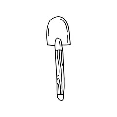  Shovel with wooden handle. Earthwork tool. Bayonet shovel. Doodle. Hand drawn. Vector illustration. Outline.