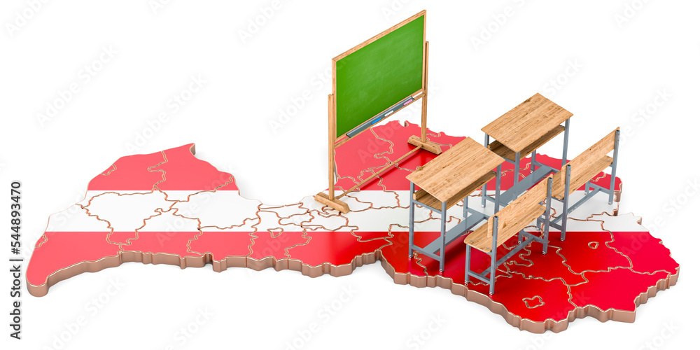 Poster education in latvia, concept. school desks and blackboard on latvian map. 3d rendering