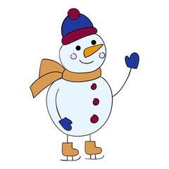 Cute cartoon snowman in ice skates. Vector illustration on a white background