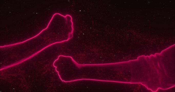Two fists bumping best friend handshake in space among stars. Abstraction, 3d render, neon glowing lines and particles. Concept of teamwork, friendship, greetings. Red outline of hands