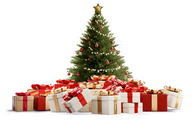 Christmas tree, green fir, Christmas gifts packages in row 3d-illustration