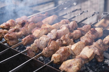 a man roasts meat on a fire. Close-up of hands and shish kebab. Cooking pork neck on the grill....
