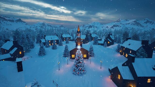 Panorama of a snow-covered, cozy town in the mountains with a Christmas tree and falling snow on the eve of Christmas and New Year holidays.