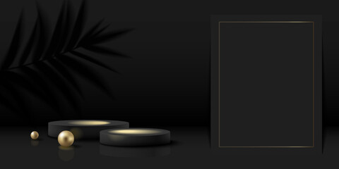 Two Podiums Composition on Black Background with Blurred Palm Leaves. Horizontal Banner for Black Friday Sale. Vector Illustration.