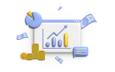 3D Illustration financial management concept and investment. 3D of payment and finance with money, cash, banknote, calculator and credit card. Illustration and banner template.