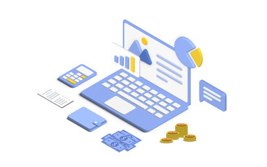 Obraz premium 3D Illustration financial management concept and investment. 3D of payment and finance with money, cash, banknote, calculator and credit card. Illustration and banner template.