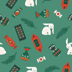 Bright seamless pattern, candies, sweets, green background, hares, fir branches, hand drawing, vector