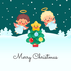 Merry Christmas greeting card template. Illustration of two cute little angels and a fir tree with Christmas star on a background of a night winter landscape. Vector 10 EPS.