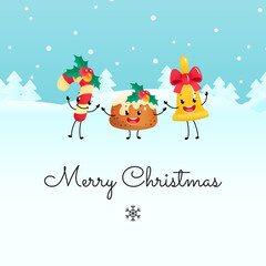 Merry Christmas card template. Winter holiday illustration of a candy cane, a pudding and a bell on a background of a winter landscape. Vector 10 EPS.