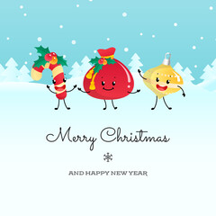 Merry Christmas card and Happy New Year card template. Winter holiday illustration of a candy cane, a Santa Claus bag, and a gold decoration on a background of a winter landscape. Vector 10 EPS.