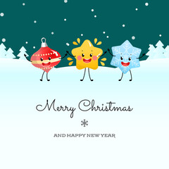 Merry Christmas card and Happy New Year. Winter holiday illustration of a decoration, a Christmas star and a snowflake a background of a night winter landscape. Vector 10 EPS.