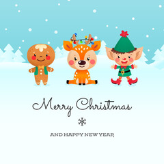 Merry Christmas card and Happy New Year card template. Winter holiday illustration of a gingerbread man, a little deer and an elf on a background of a winter landscape. Vector 10 EPS.