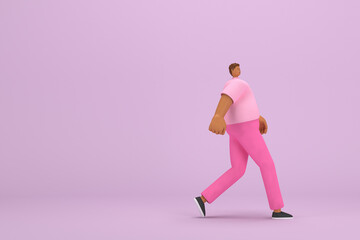 Fototapeta na wymiar The black man with pink clothes. He is walking. 3d rendering of cartoon character in acting.