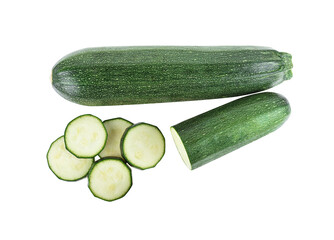 Fresh green zucchini with slice isolated on white background.