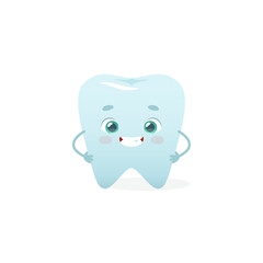 Cute tooth with wide smile. Cartoon dental mascot for kids dental clinic. Adorable vector tooth with smiling face.