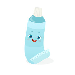 Cartoon tube of tooth paste with cute smiling face. Adorable dental mascot for kids.