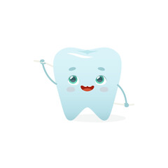 Cute tooth with dental floss. Cartoon flossing tooth mascot for kids dental clinic. Kawaii vector tooth.