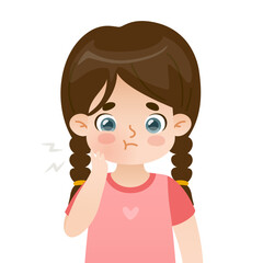 Kid with toothache and swollen cheek. Upset cartoon girl with dental pain. Close up sad child holding on to an ache tooth.