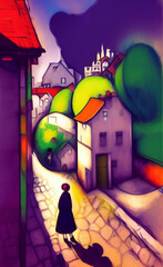 Obraz premium Digital illustration of colorful vintage village at night, rural landmark. Naive contemporary art. Wall decoration artwork. Old houses. Oil and pastel painting digital imitation. High quality print.
