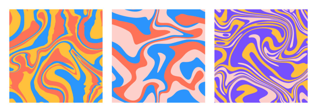 1970 swirl seamless pattern set. Wavy psychedelic trippy textures. Aesthetic curvy strips. Flowing liqiud fantasy marble background.