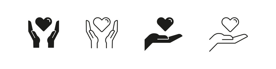 Obraz premium Hands holding heart icon. Heart in hands vector icon set. Medical care sign. Healthcare symbol. Medical help center logo. Health care isolated on white background.