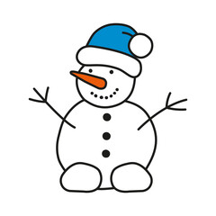 Snowman with a blue hat is isolated on white background. Cute illustration. Christmas objects for festive designs, print, paper, decors, stickers, banners, invitations, cards. Adjustable stroke width.