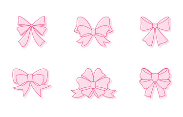Simple set with outline pink bows from ribbon for decorating gifts, surprises for holidays. Vector line illustration