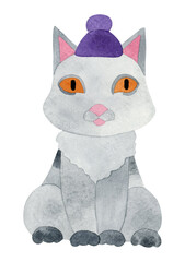 A grey cat in a hat. Watercolor illustration of an animal, isolated on transparent background. For holiday design, postcard design, invitation cards.