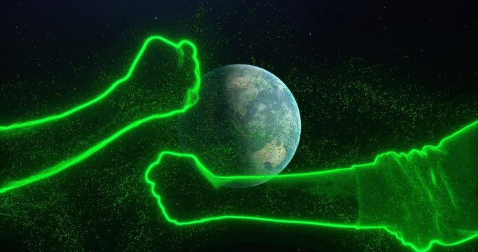 Two fists bumping best friend handshake in space among planet earth rotating, stars. Abstraction, 3d render, neon glowing lines and particles. Concept of teamwork, friendship, greetings. Green outline