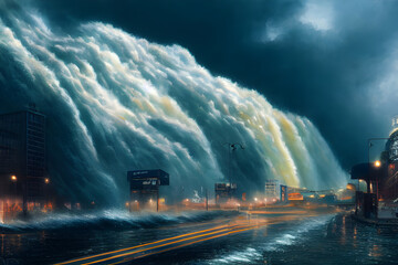 A giant tsunami floods a city. 