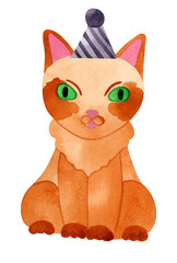 A red cat in a party hat. Watercolor illustration of an animal, isolated on transparent background. For postcard design, invitation cards.